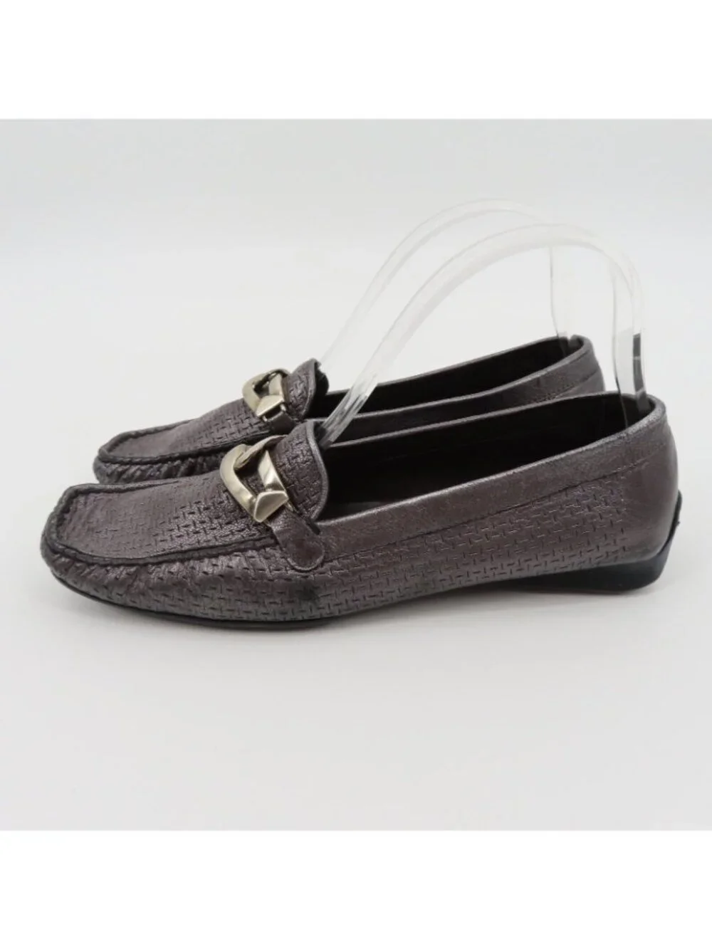 Stuart Weitzman 9.5 SS Pewter Silver Textured Chain Square Toe Loafers Flats